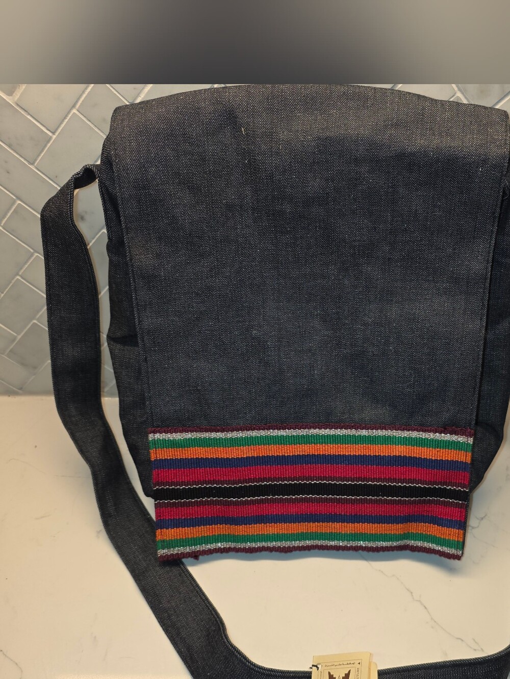 Unique Omani Artisan Handcrafted Denim Messenger Bag Colorful Traditional Stripe
